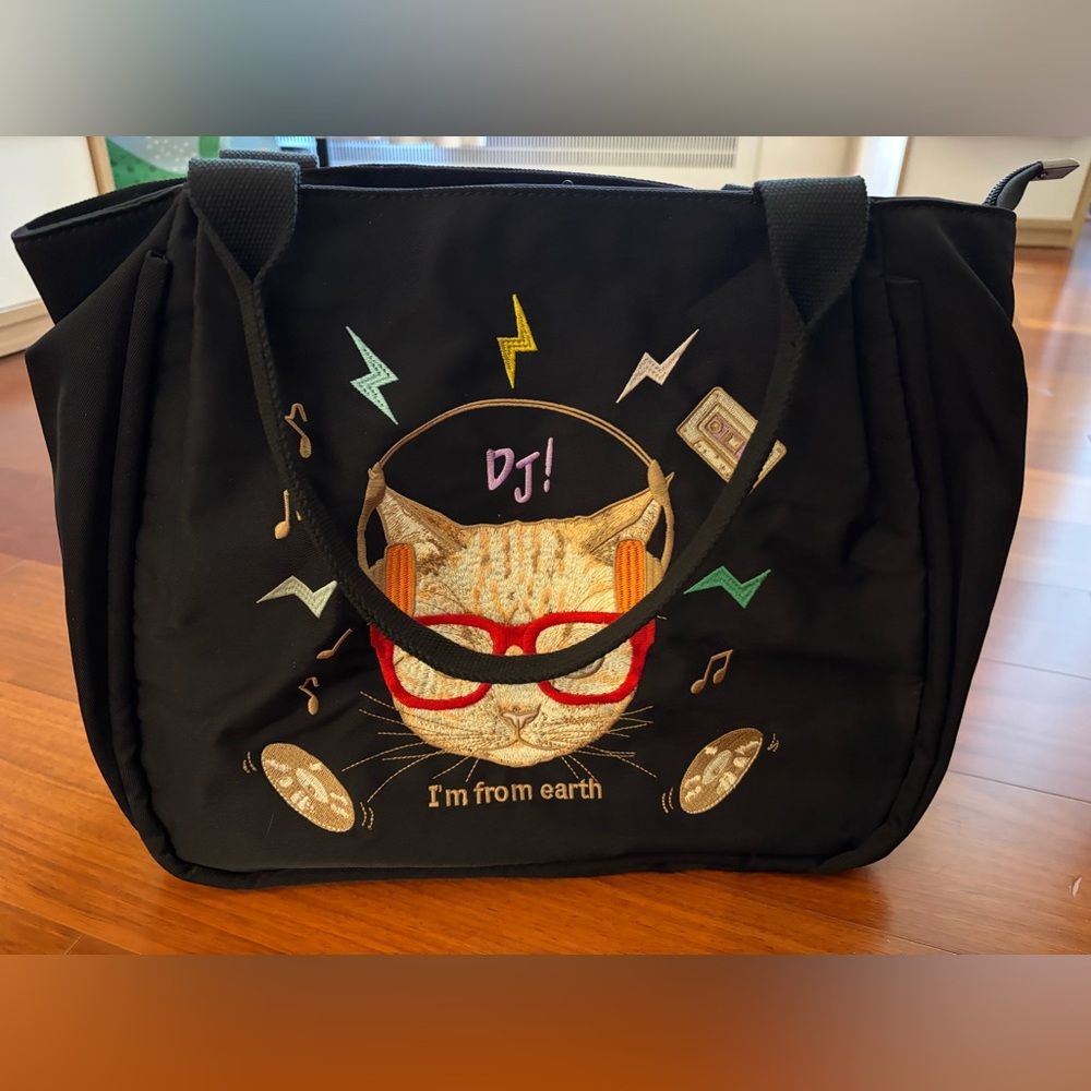 Black Tote Bag with DJ Cat Embroidery
